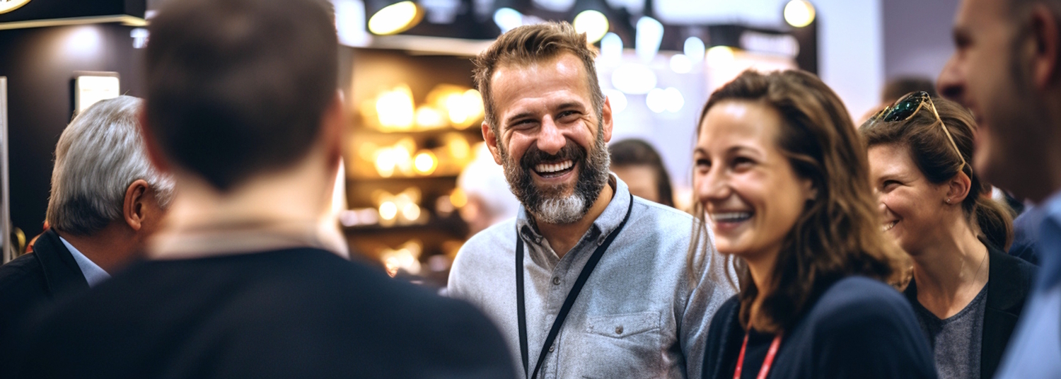 En grupp människor som skrattar och pratar på en konferens