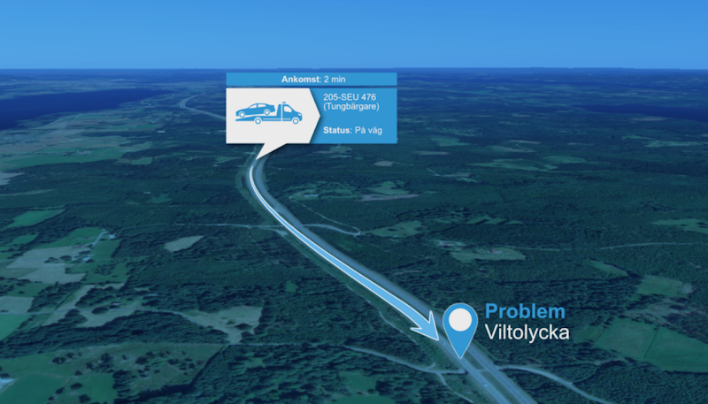 Illustration av hur långt bort bärgningsfordonet befinner sig